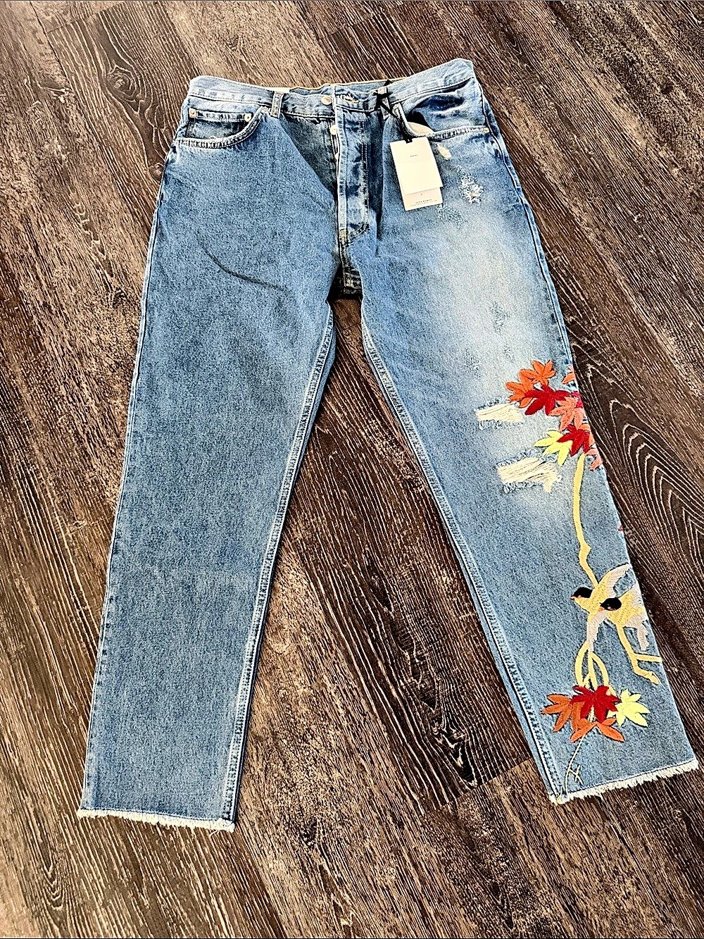 ZARA The Real High Rise Relaxed with Satin Embroidery Panel Embroidered Jeans